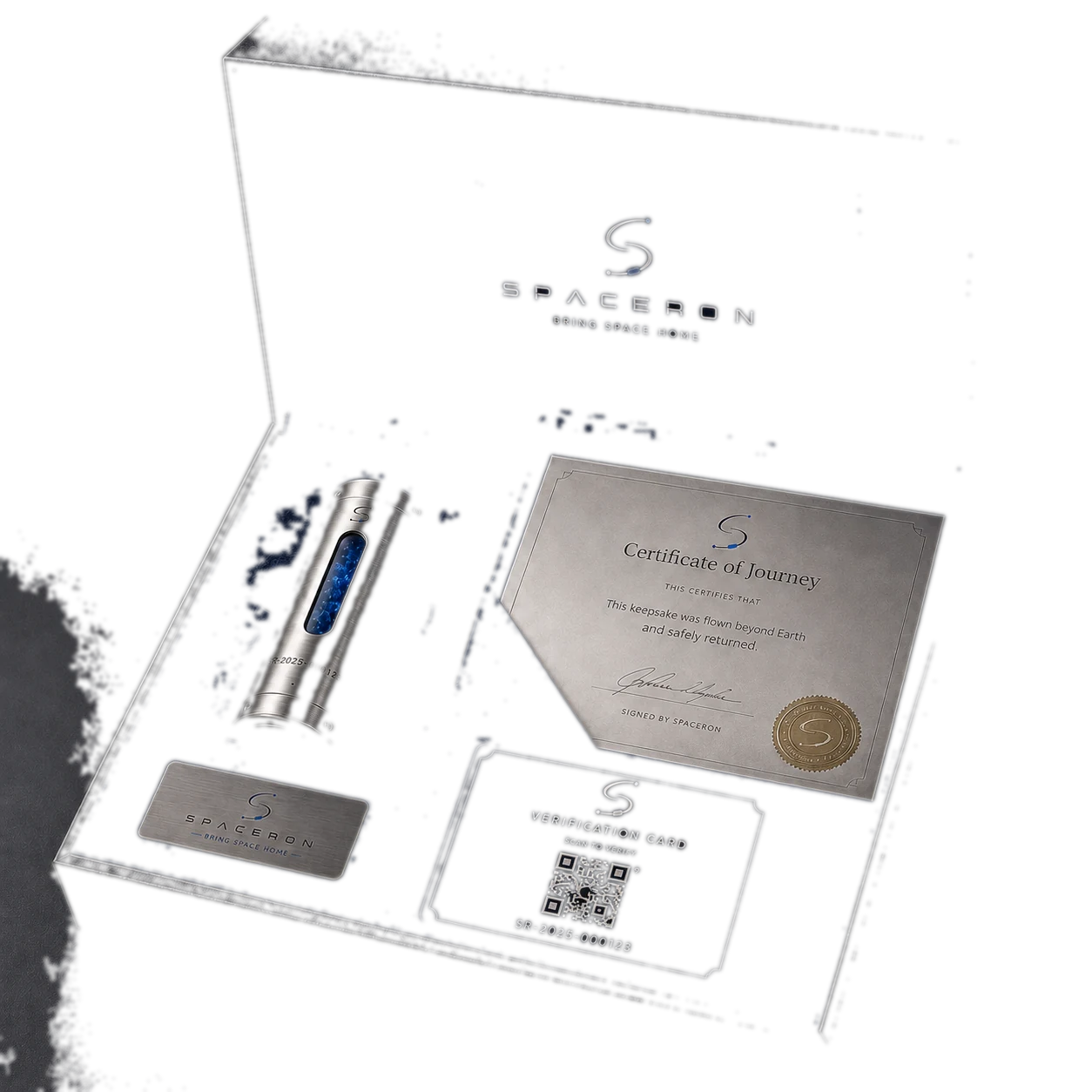 Spaceron presentation box containing the flight capsule, certificate, metal card, and verification card