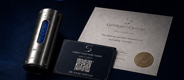 Spaceron flight capsule, Certificate of Journey, and Verification Card