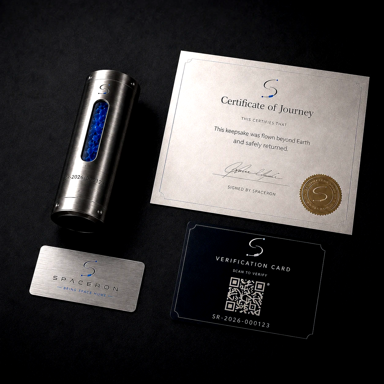 Spaceron certificate, verification card, and flight capsule