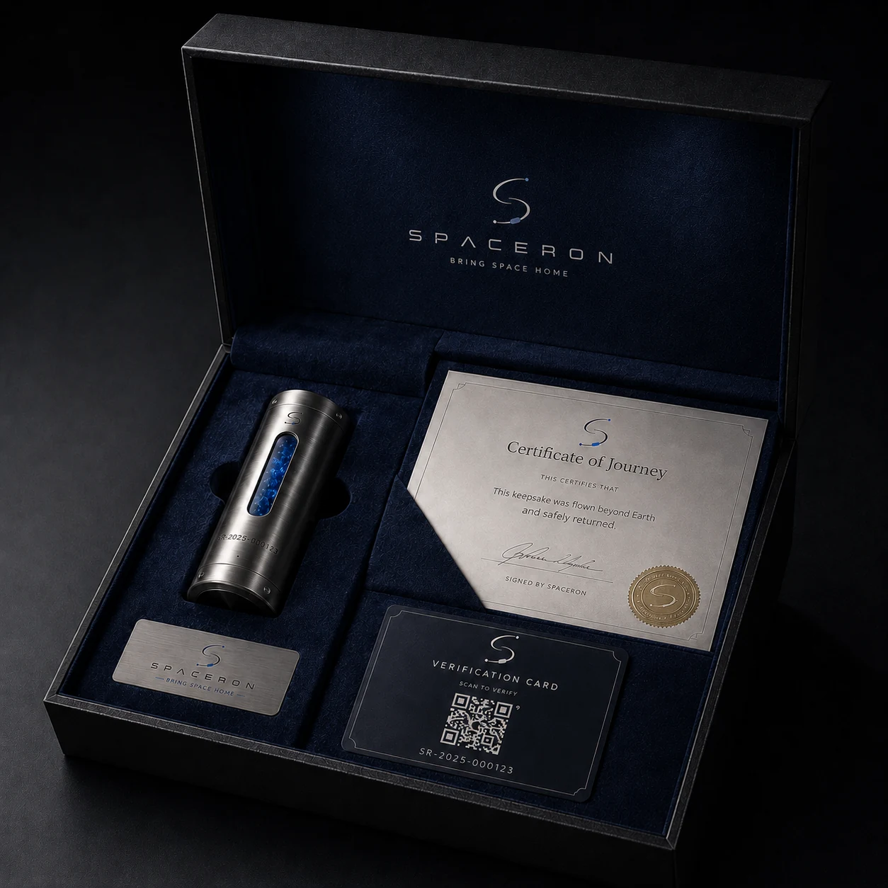 Spaceron presentation box with capsule, certificate, metal card, and verification card